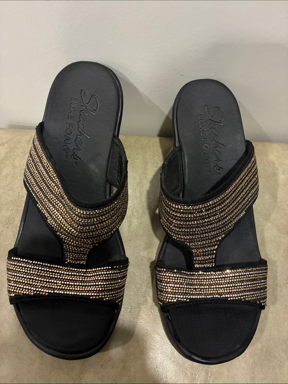 Skechers Women's Black Slide Sandals with Bronze Beaded Straps
